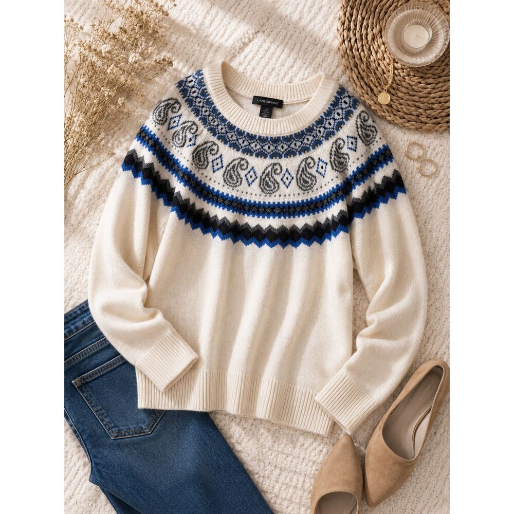 Lane Bryant Fair Isle Sweater Women 14/16 Ivory Knit Pullover NWT Cozy Winter
